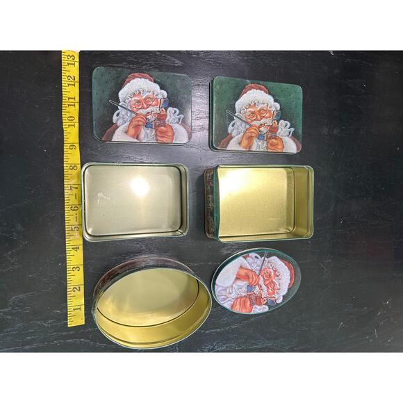 Set of 3 - 90s Holiday Santa Toys hunter Green decorative tin - cottage retro - Picture 5 of 5
